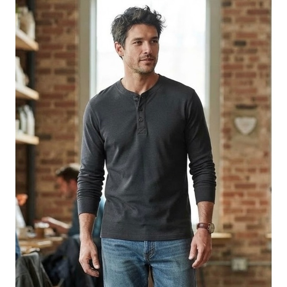 LL Bean Mens Henley Shirt Long Sleeve Charcoal Gray Cotton 187244 Large Regular